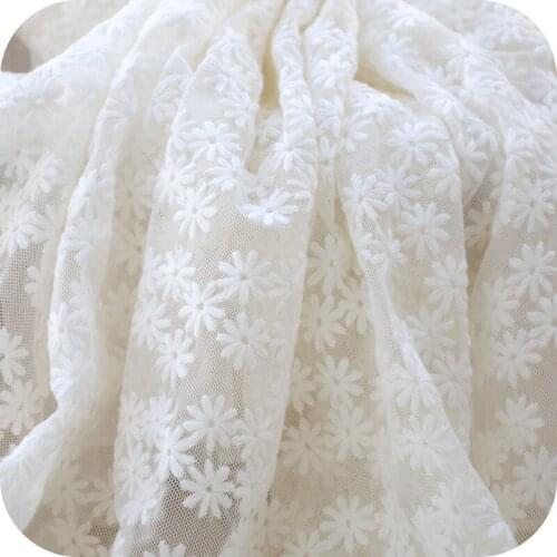 2meters French Lace Fabric Tulle Embroidered Chrysanthemum Transparent Mesh White Lace for Wedding Dress Sewing accessories