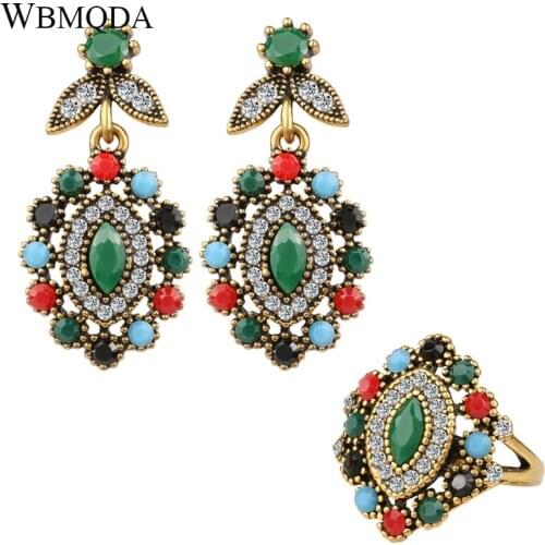 2 Pcs/lot Ethnic Turkish Jewelry Sets Vintage Colorful Resin Gold Ring Earrings For Women Crystal Statement Accessories