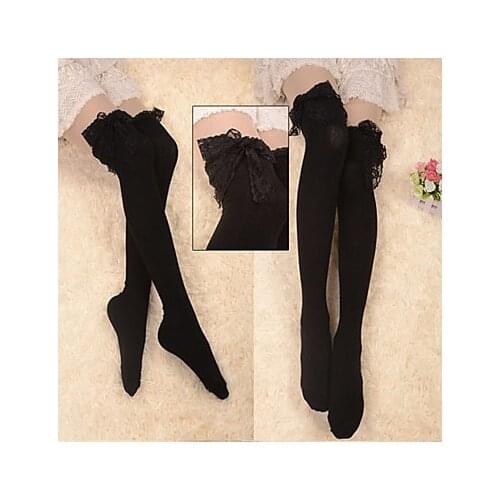 Black Lace Trim Cotton Gothic Lolita Over Knee Socks 3pack