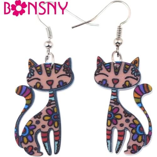 Bonsny Drop Cat Earrings Dangle long Acrylic Pattern Fashion Jewelry For Women 2016 News Accessories Cute Animal Designs