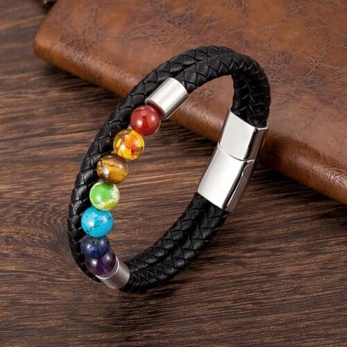 7 Chakra Bracelet With Genuine Leather Men Women Natural Crystal Healing Anxiety Jewellery Mandala Yoga Meditation Bracelet Gift