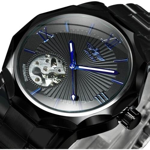 WINNER Cool Sport Watch For Men Mechanical Wristwatches Automatic Mens Watches Top Brand Luxury Clock Black Steel Strap relógios