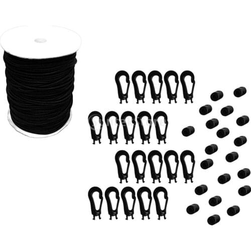 5mm 10m Black Round Stretch Bungee Rope Shock Cord Tie Down & 20pc Elastic Cord Hooks Ends for Roof Racks Boats Trailers