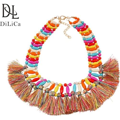 DiLiCa Fashion Bohemian Necklace for Women Charms Chokers Necklaces Vintage Ethnic Tassel Statement Necklace Jewelry Collier