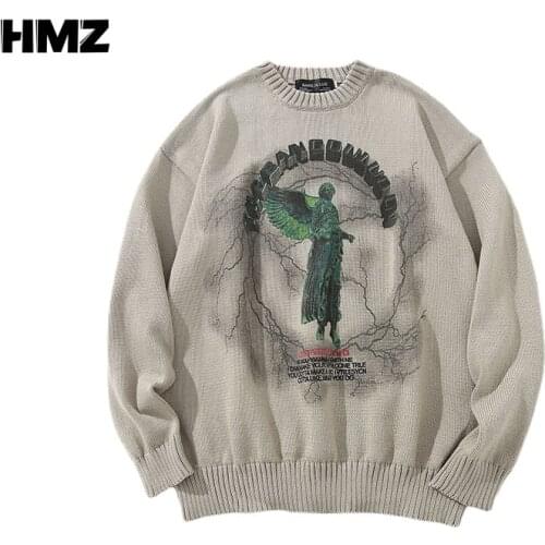 HMZ Men Hip Hop Knitted Jumper Sweaters Angel Lightning Printed Streetwear Harajuku Autumn Oversize Hipster Casual Pullovers