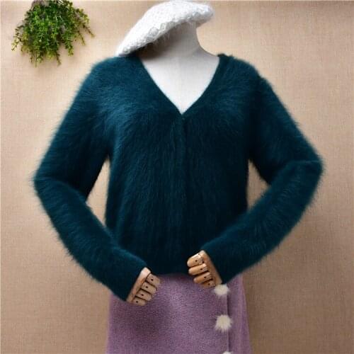 Female women winter clothing hairy mink cashmere knitted long sleeves v-neck slim blouse cardigan angora fur jacket coat sweater
