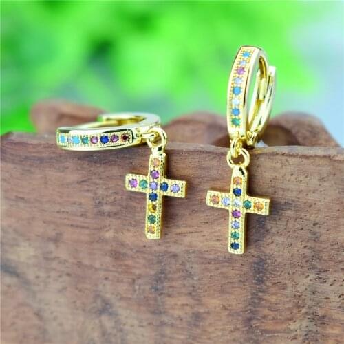 Fashion Jewelry Gold Color Colorful CZ Zircon Cross Dangle Earrings AAA Rainbow Zirconfor Women Gifts