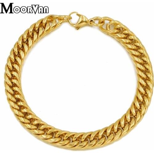 Moorvan punk mens gold color round chain,cuff bracelet,9mm wide 21.5cm length,stainless steel best friend bracelets gift VB295