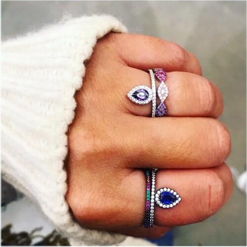 Yellow red green white tear drop cubic zirconia engagement ring silver color trendy fashion cocktail rings