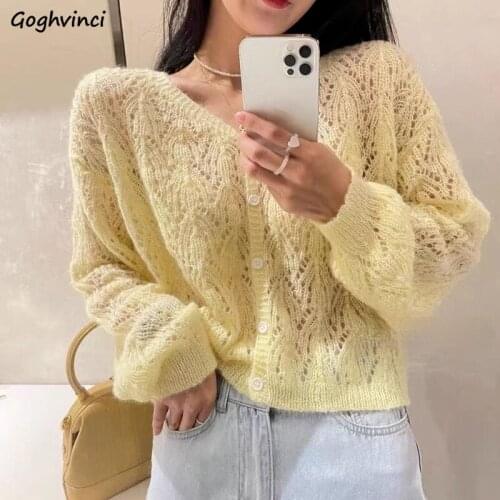 Solid Cardigan Women Fashion Elegant Hollow Out Design Harajuku Chic Korean Style Knit Sweaters Woman Streetwear Simple Casual
