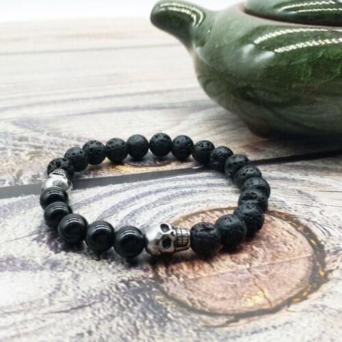 Wholesale Fashion handmade Lava stone black onyx bracelets stainless steel skull men bracelet jewelry 50pcs/lot+free shipping
