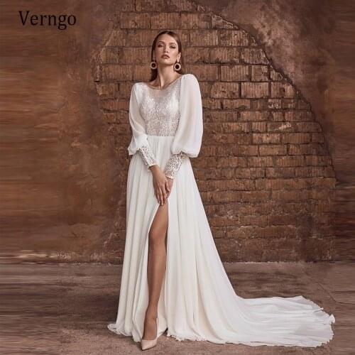 Verngo 2021 Delicate Lace And Chiffon A Line Beach Wedding Dress Puff Long Sleeves Buttons Slit Backless Sexy Bridal Dresses