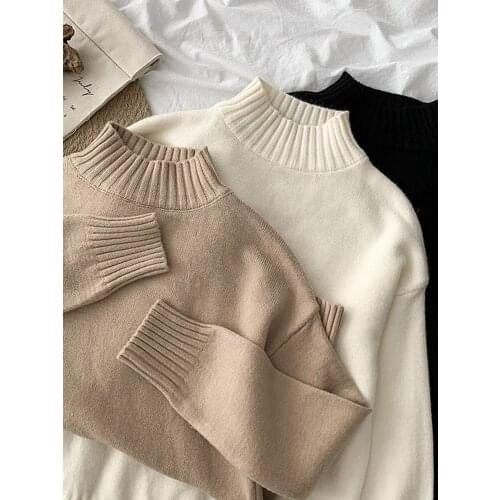 Casual Solid Semi High Neck Pullovers Womens Korean Autumn Winter 2021 Students Bottoming Long Sleeved Knitted Top Sweater