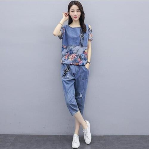 Summer Plus Size Women 2021 Spring Summer New Printed Stitching Fashion Female Sets Thin Denim Cropped Trousers Mother 2Pcs W14