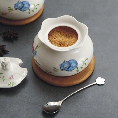 Sugar Bowl, Ceramic Sugar Bowl with Lid and Stainless Steel Spoon for Home and Kitchen - flower Design, White