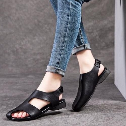 Women Leather Sandals Black Low Heels Shoes Women Summmer Peep Toe Sandals Casual Genuine Leather Women Lazy Shoes Handmade2020