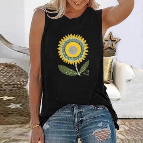 Seeyoushy Sunflowers Print Sleeveless T Shirt Women Summer Round Neck Graphic Tee T Shirts Female Camisetas De Mujer 2021