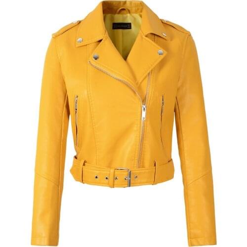 Lady White Red Black Green PU Zippers Motorcycle Street Coats with Belt 2021 New Women Autumn Winter Faux Soft Leather Jackets