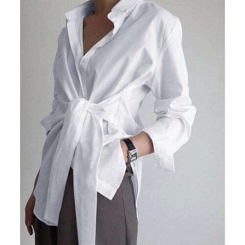 Office Lady Fashion Shirt Spring Fall Elegant Long Sleeve Tie Front Shirt Turn-Town Collar Botton Tops 2021 New Women Clothes