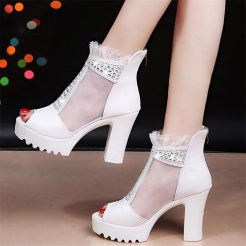 New Fish Mouth Fashion Lace Womens Sandals Back Zipper Fashionable Wild Breathable Mesh Gauze Waist Thin High-heeled Shoes