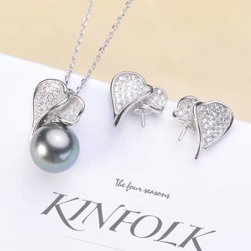 Heart Style 925 Sterling Silver Pearl Party Pendant Earrings Set Mounts Findings Jewelry Set Parts Fittings Womens Accessories