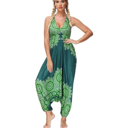 Women Sexy V Neck Beach Yoga One Piece Jumpsuit with Spaghetti Strap Loose Boho Harem Print Jumpsuits