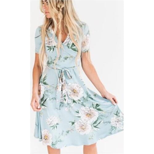 2021 Summer New Print V-neck Sexy Mid long Short Sleeve Slim Dress