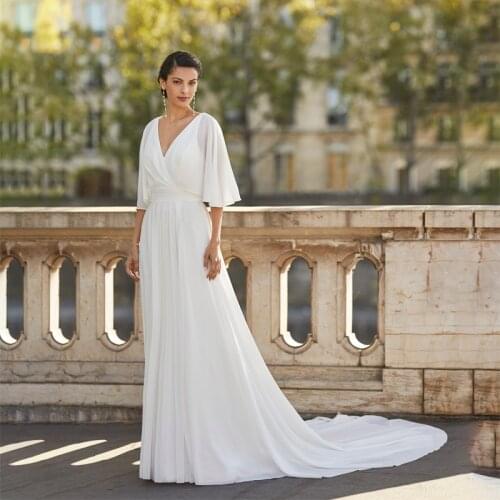 Simple Beach Chiffon Wedding Dress A-Line Half Sleeve Pleat Women For V-Neck Gorgeous Bridal Gowns Court Train