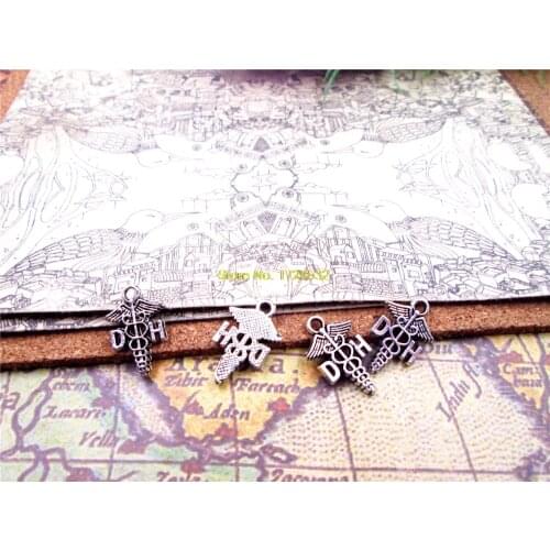 125pcs-- 12*29mm antique Silver one side DH Caduceus Dental Hygienist Charms Handmade Charms Pendants Jewelry Findings