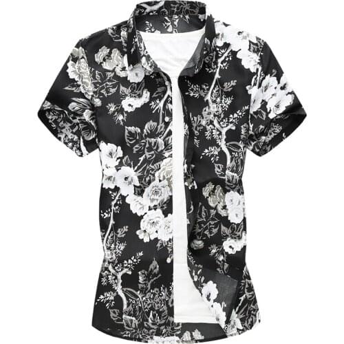 2019 Summer Men black floral printed Hawaiian vacation Party Short sleeve shirts Hip hop male casual shirt Plus Size 5XL 6XL 7XL