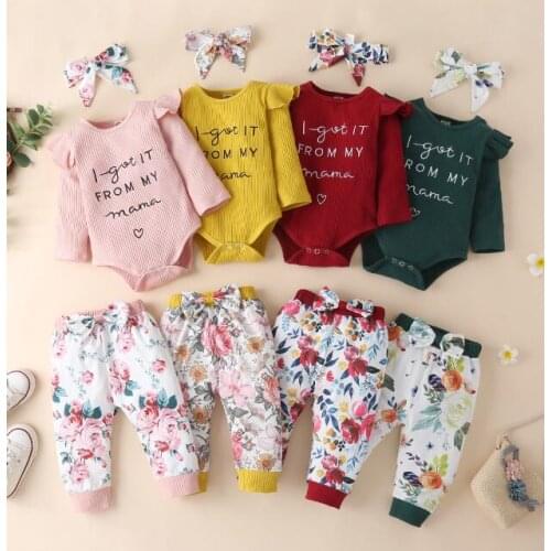 3 Pieces Baby Suit Set Letter Embroidery O-Neck Long Sleeve Romper+ Floral Print Long Pants+ Headband 0-24 Months Baby Clothes