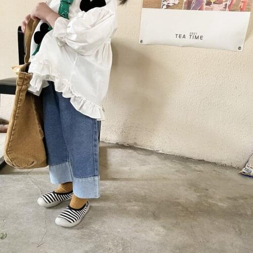 Kids' Jeans 2021 Fall New Boys and Girls Solid Loose Casual Turnup Edge Water Wash Straight Pants Kids Clothes