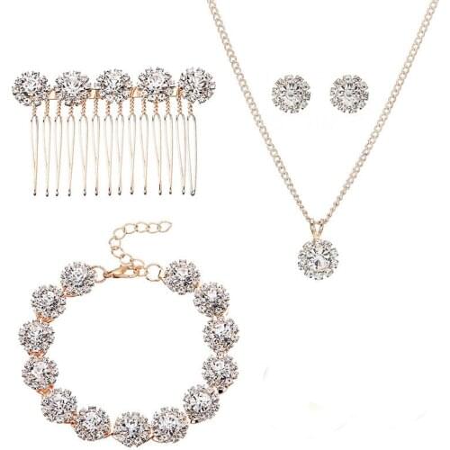 SLBRIDAL Gold Crystals Rhinestones Alloy Wedding Jewelry Set Bridal Necklace Earring Bracelet Hair Comb Set Bridesmaids Women