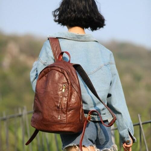 Retro mens leather backpack literary simple large-capacity ladies backpack casual grab pattern computer school bag youth