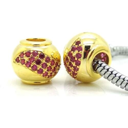 New Gold Beads Micro Pave RED Cubic Zirconia Spacers Beads Charm For European Pandora Chamilia Bracelet Necklace Accessories