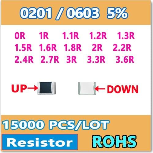 Original 0201 J 5% 15000pcs 0R 1R 1.1R 1.2R 1.3R 1.5R 1.6R 1.8R 2R 2.2R 2.4R 2.7R 3R 3.3R 3.6R smd 0603 resistor 1R1 1R2 OHM