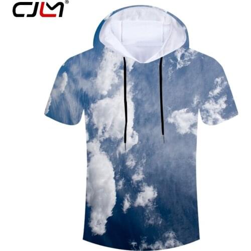 CJLM Unisex Casual Brand Hooded Tshirt Man Polyester Hoodies Tee Shirt 3D Full Printed Blue Sky And White Clouds Mens T-shirt