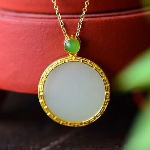 S925 Sterling Silver Gold-plated Inlaid Natural Hetian White Jade Medallion Pendant, Safe And Sound Brand Simple Necklace