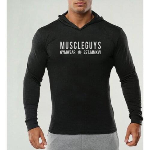 Muscleguys Sports Clothing Running Long Sleeve Hooded T Shirt Men Cotton Slim Fit Tee Shirt Gym Bodybuilding Fitness Tshirt