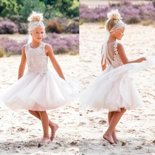 A Line Beach Flowers Girls Dresses Jewel Lace Applique Tulle Bohemia Princess Birthday Campfire Party Gowns