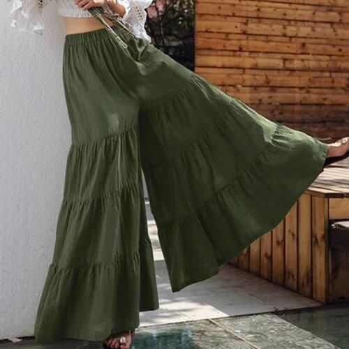 Vintage Womens Wide Leg Trousers Skirt Ankle-length Sliced Craft Casual Elastic Waist Layered Female Plus Size Turnip Pants