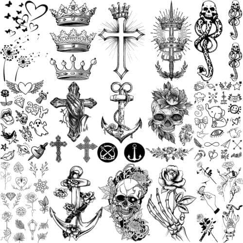 Black Anchor Cross Crown Temporary Tattoos For Women Adult Men Skull Rose Flower Dandelion Fake Tattoo Body Art Hand Tatoo Paper