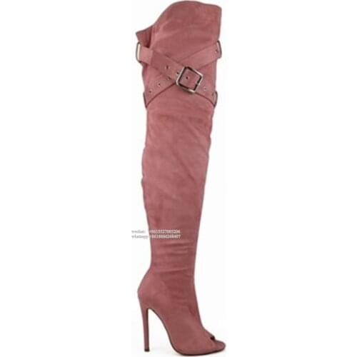 Thigh High Boots Women High Quality Buckle Designer Open Toe Thin High Heel Long Boots for Women