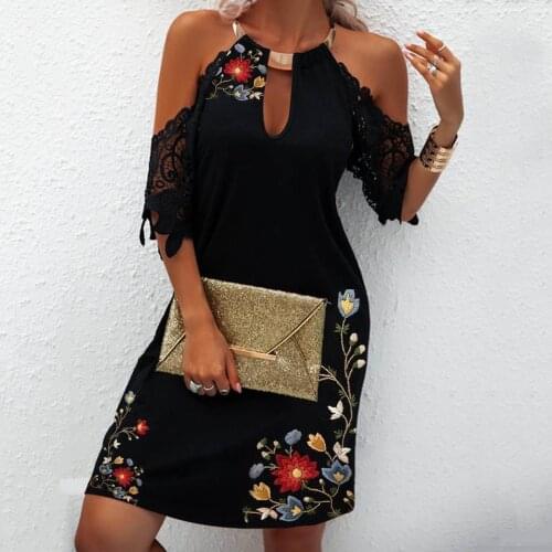 Womens Sexy Printed Off Shoulder Dress With Lace Sleeve Halter Neck Strapless Dress Vintage Office Lady Plus Size Women Dress