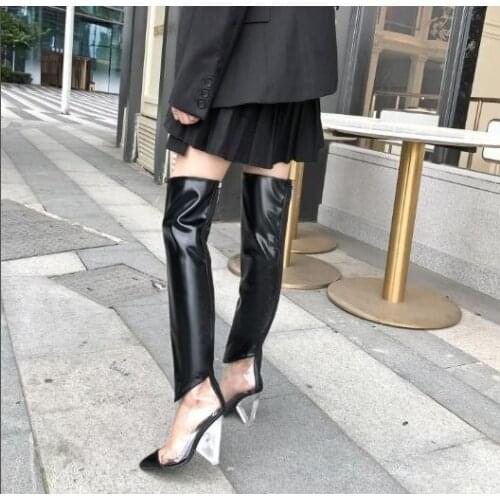 PVC Woman Sliver Black White Pointed Toe Patchwork Transparent Crystal Chunky Spike Heels Zipper Thigh Over The Knee Long Boots