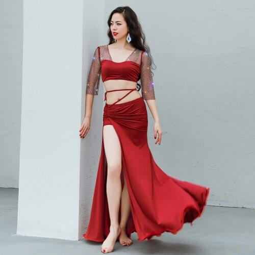 New Luxury Belly Dance Costume 2 Piece Lace Shirt Half sleeve Fishtail Skirt Set Professional Clothes For Women Stage Show Wear