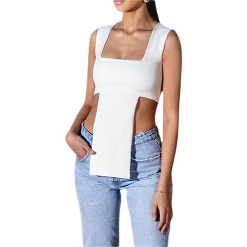 2021 Summer Casual Womens Fashion Solid Color Vest Casual Square Collar Irregular Exposed Navel Sleeveless Tops