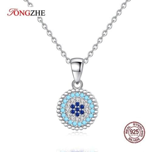TONGZHE 925 Sterling Silver Evil Eye Necklace Women Lucky Blue Stone Eye Boyfriend Gift Long Necklace Link Chain Fashion Jewelry