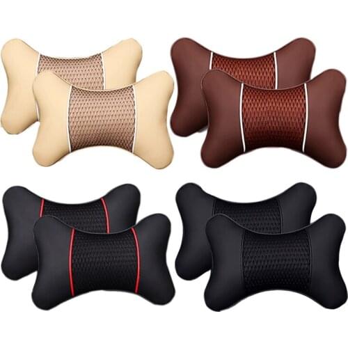 2Pcs PU Leather Knitted Car Pillows Headrest Neck Rest Cushion Support Seat Accessories Auto Black Safety Pillow Universal Decor