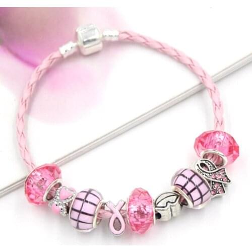 6PCS/LOT Newest DIY European Bead Bracelet Pink Ribbon Breast Cancer Pink PU Leather Rope Bracelet Gift for Women Jewelry
